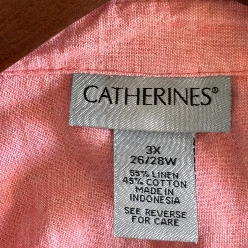 CATHERINES Linen Button Down Shirt Pink Long Sleeve Womens Pink‎ Cotton 3/4 3X